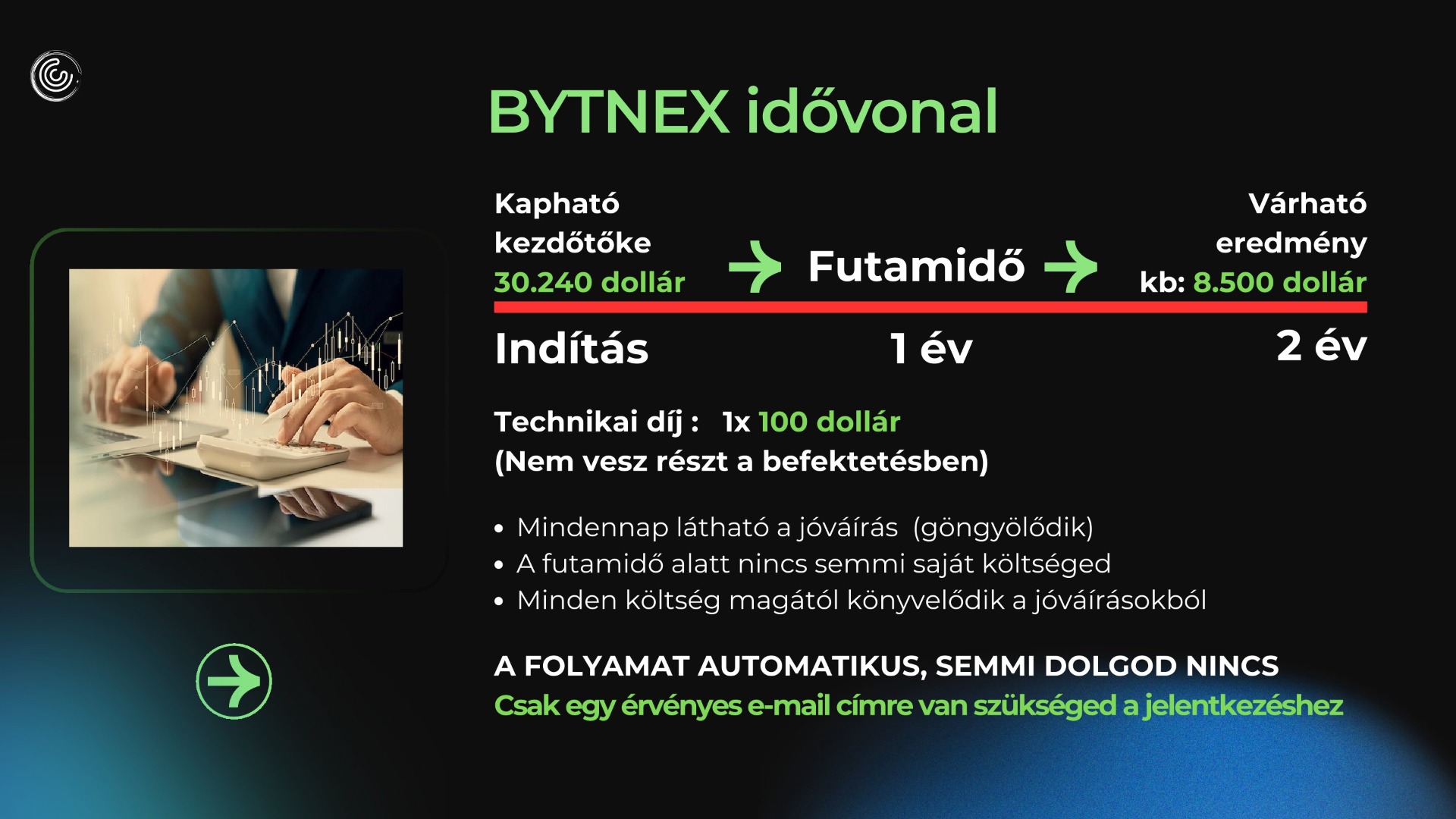 A fenti kép  egy 2 éves tartamú staking-szerződés idővonalát mutatja. Egyszerű, könnyen áttekinthető, nem jár érzékelhető kockázattal és egyik változatnál sincsenek rejtett költségek vagy kötelezettségek.